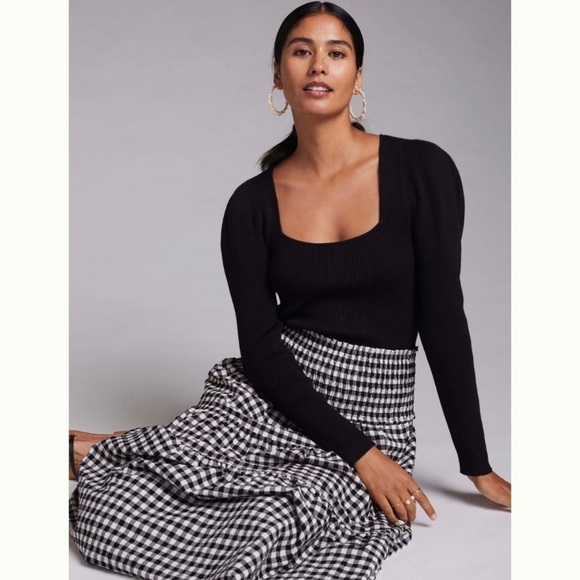 NWT Anthropologie Maeve Square Neck Ribbed Knit Sweater Top Black Small - Picture 1 of 14